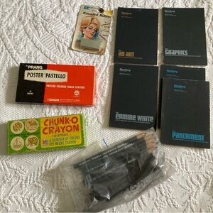 Vintage 60s 70s artist lot Prang charcoal, poster pastello crayons, Beinfang